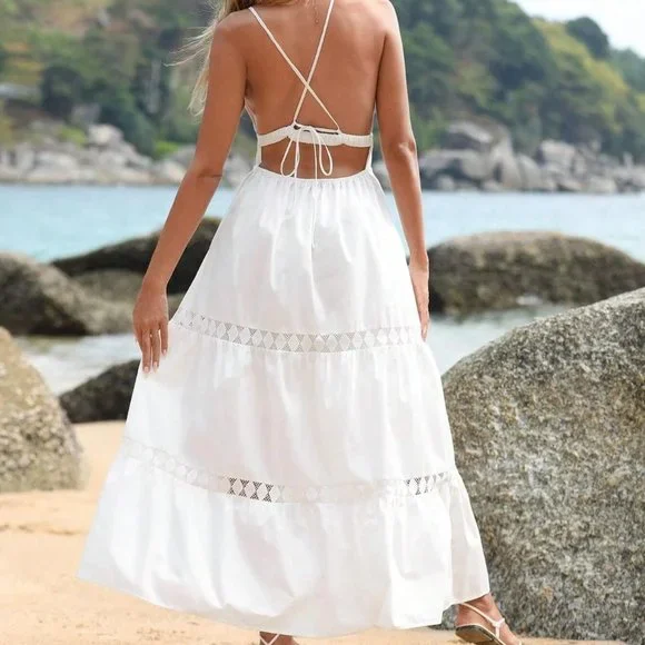 White Boho Womens Contrast Lace Ruffle Hem Cami Dress - Picture 2 of 5